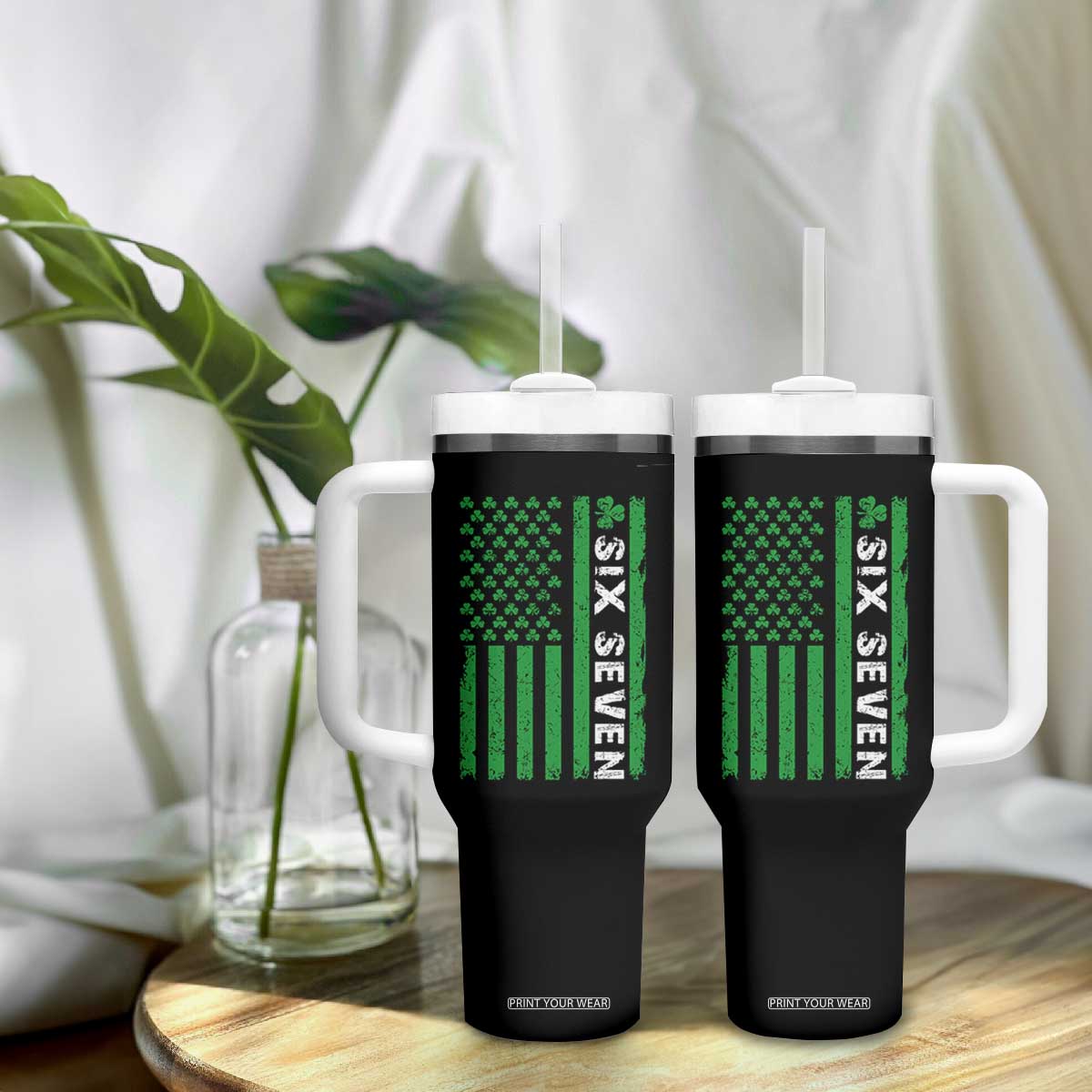 Six Seven 67 St Patricks Day Shamrock Vintage American Flag Tumbler With Handle TS11 Print Your Wear