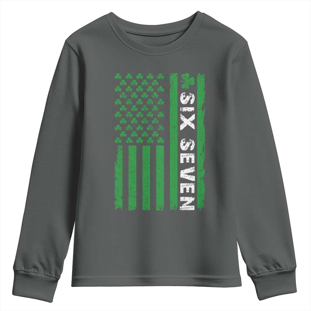 Six Seven 67 St Patricks Day Shamrock Vintage American Flag Youth Sweatshirt TS11 Dark Heather Print Your Wear