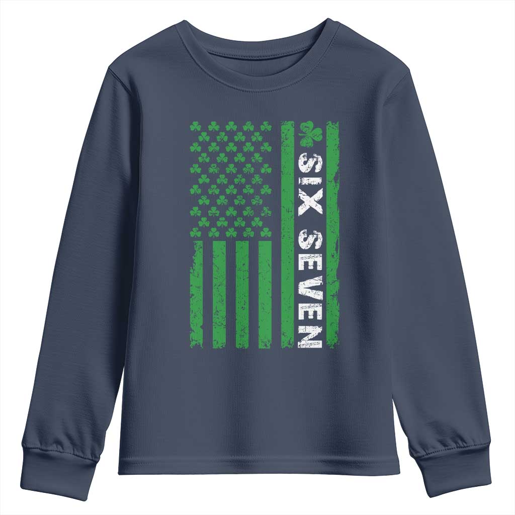 Six Seven 67 St Patricks Day Shamrock Vintage American Flag Youth Sweatshirt TS11 Navy Print Your Wear