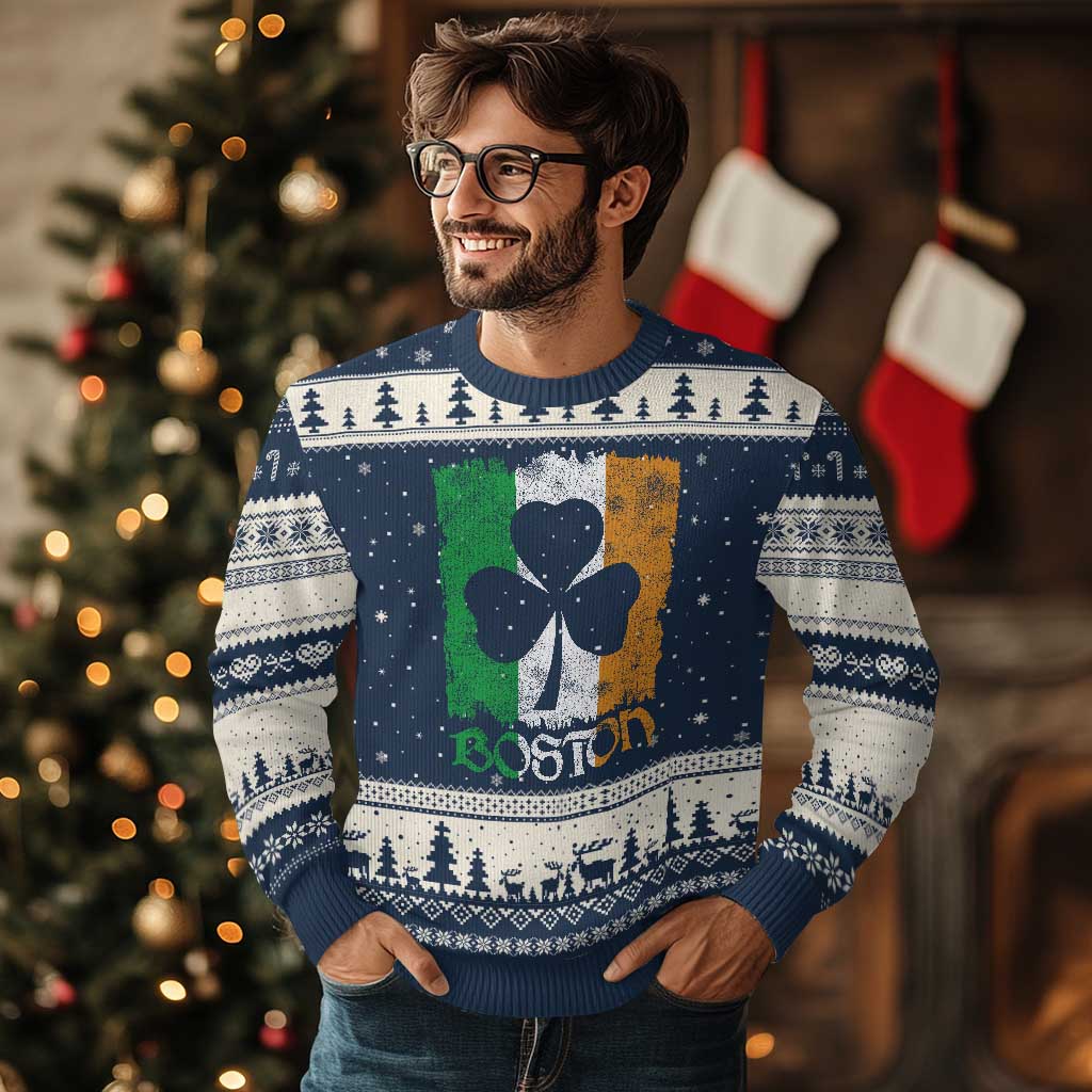 Boston St Patricks Day Ugly Christmas Sweater Distressed Shamrock Vintage Irish Flag TS11 Navy Beige Print Your Wear