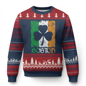 Boston St Patricks Day Ugly Christmas Sweater Distressed Shamrock Vintage Irish Flag TS11 Navy Red Print Your Wear