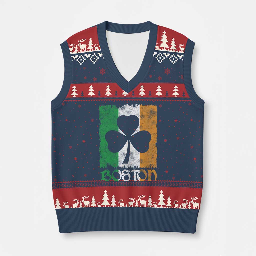 Boston St Patricks Day V-Neck Knit Sweater Vest Distressed Shamrock Vintage Irish Flag TS11 Navy Red Print Your Wear