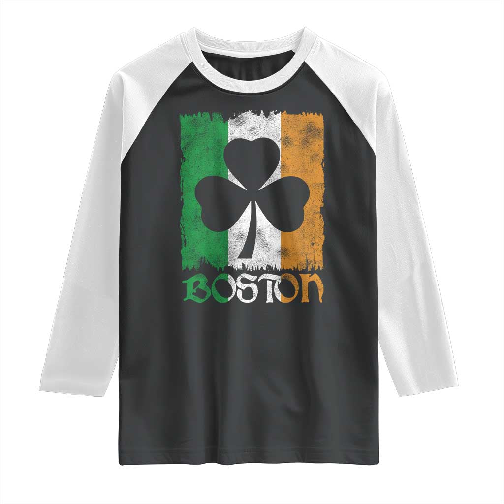 Boston St Patricks Day Raglan Shirt Distressed Shamrock Vintage Irish Flag TS11 Black White Print Your Wear