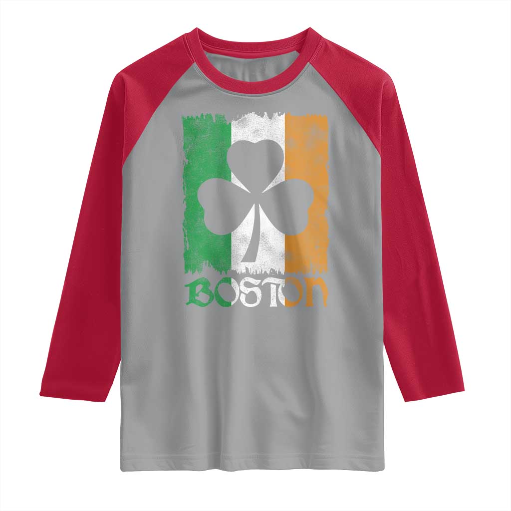 Boston St Patricks Day Raglan Shirt Distressed Shamrock Vintage Irish Flag TS11 Sport Gray Red Print Your Wear