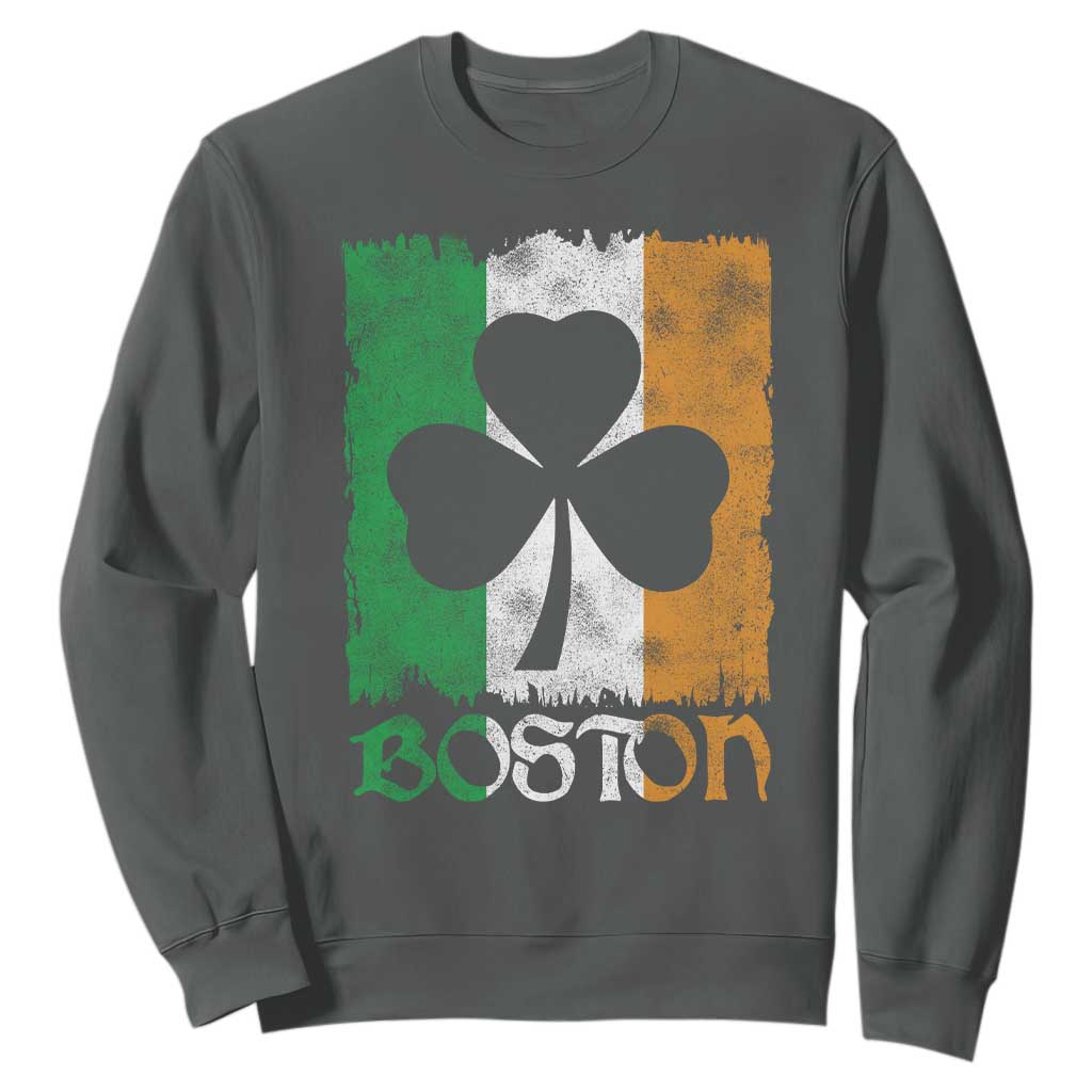 Boston St Patricks Day Sweatshirt Distressed Shamrock Vintage Irish Flag TS11 Dark Heather Print Your Wear