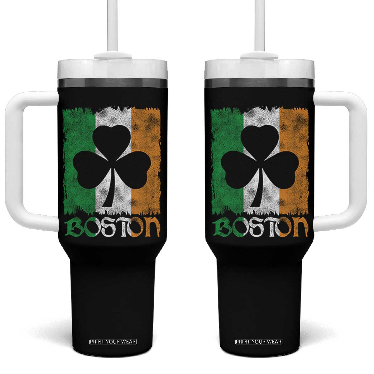 Boston St Patricks Day Tumbler With Handle Distressed Shamrock Vintage Irish Flag TS11 One Size: 40 oz Black Print Your Wear