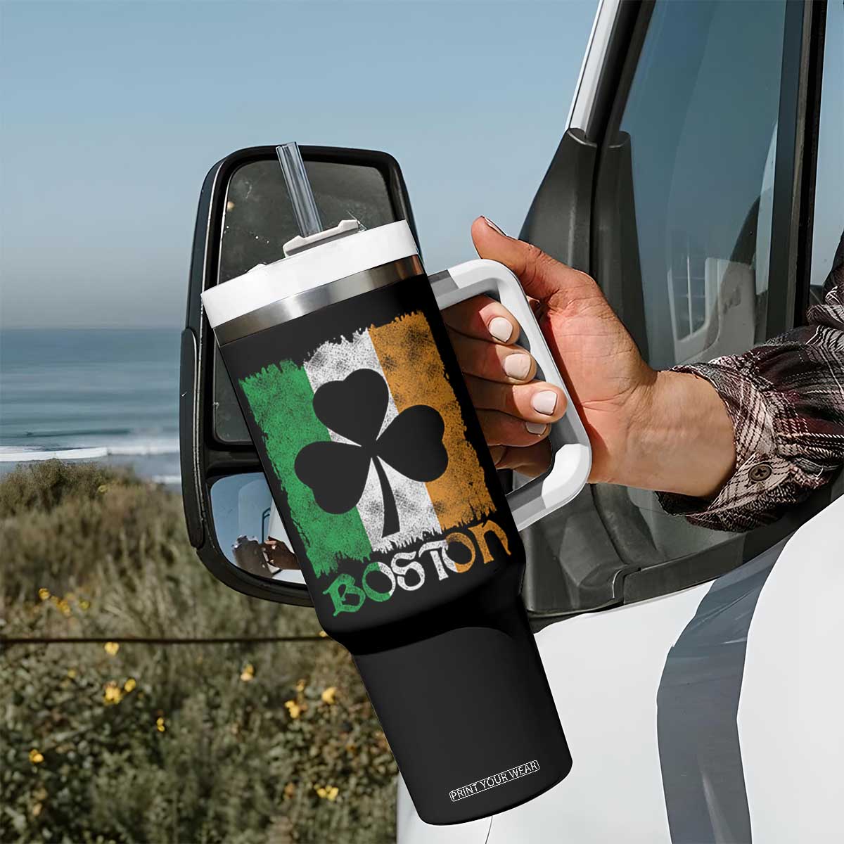 Boston St Patricks Day Tumbler With Handle Distressed Shamrock Vintage Irish Flag TS11 Print Your Wear
