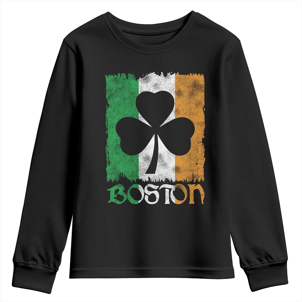 Boston St Patricks Day Youth Sweatshirt Distressed Shamrock Vintage Irish Flag TS11 Black Print Your Wear