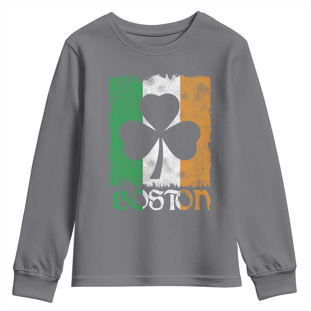 Boston St Patricks Day Youth Sweatshirt Distressed Shamrock Vintage Irish Flag TS11 Charcoal Print Your Wear