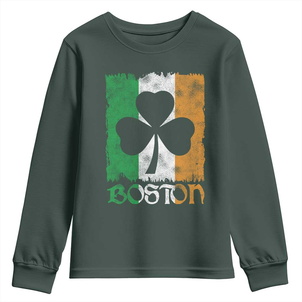 Boston St Patricks Day Youth Sweatshirt Distressed Shamrock Vintage Irish Flag TS11 Dark Forest Green Print Your Wear