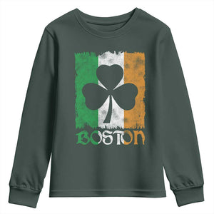 Boston St Patricks Day Youth Sweatshirt Distressed Shamrock Vintage Irish Flag TS11 Dark Forest Green Print Your Wear