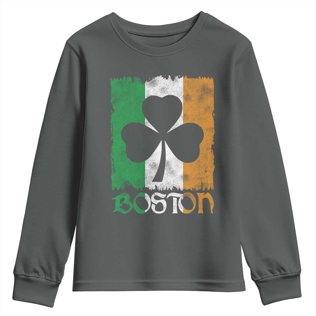Boston St Patricks Day Youth Sweatshirt Distressed Shamrock Vintage Irish Flag TS11 Dark Heather Print Your Wear