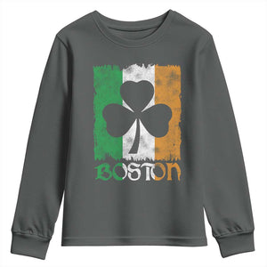 Boston St Patricks Day Youth Sweatshirt Distressed Shamrock Vintage Irish Flag TS11 Dark Heather Print Your Wear