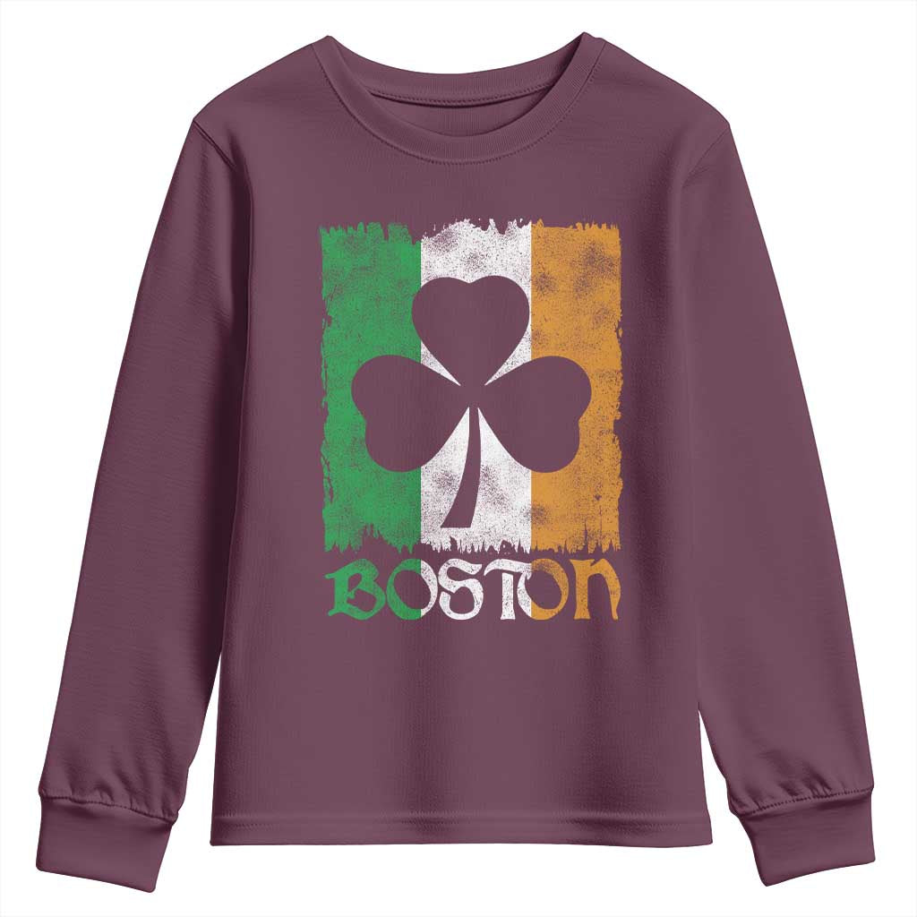Boston St Patricks Day Youth Sweatshirt Distressed Shamrock Vintage Irish Flag TS11 Maroon Print Your Wear
