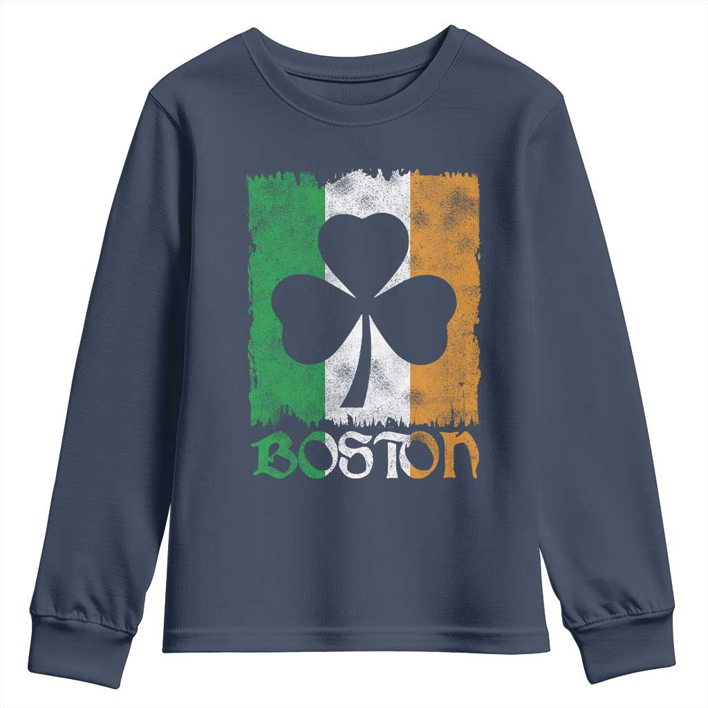 Boston St Patricks Day Youth Sweatshirt Distressed Shamrock Vintage Irish Flag TS11 Navy Print Your Wear