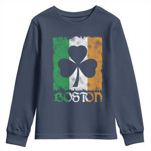 Boston St Patricks Day Youth Sweatshirt Distressed Shamrock Vintage Irish Flag TS11 Navy Print Your Wear
