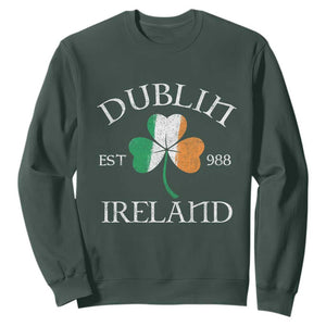 Dublin Ireland Est 988 Sweatshirt - St Patricks Day Shamrock Leaf TS11 Dark Forest Green Print Your Wear