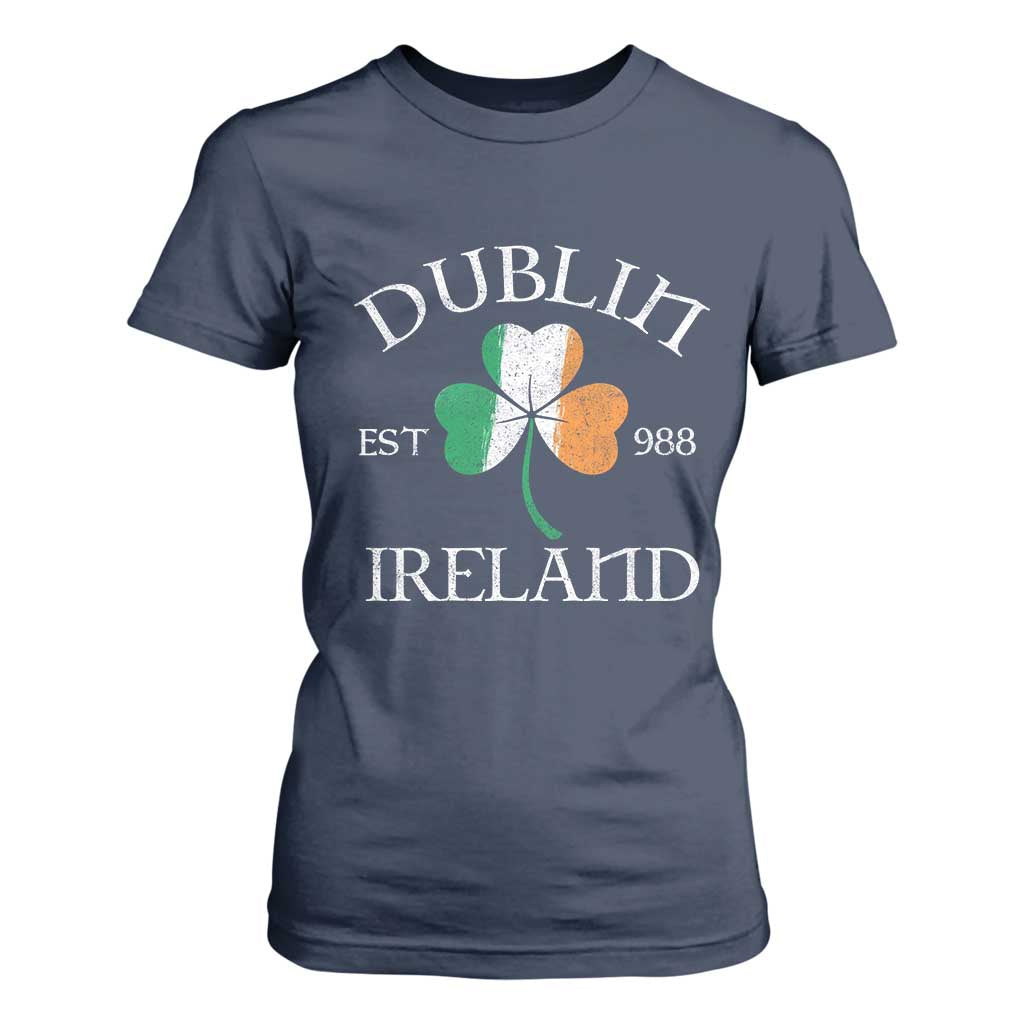Dublin Ireland Est 988 T Shirt For Women St Patricks Day Shamrock Leaf TS11 Navy Print Your Wear