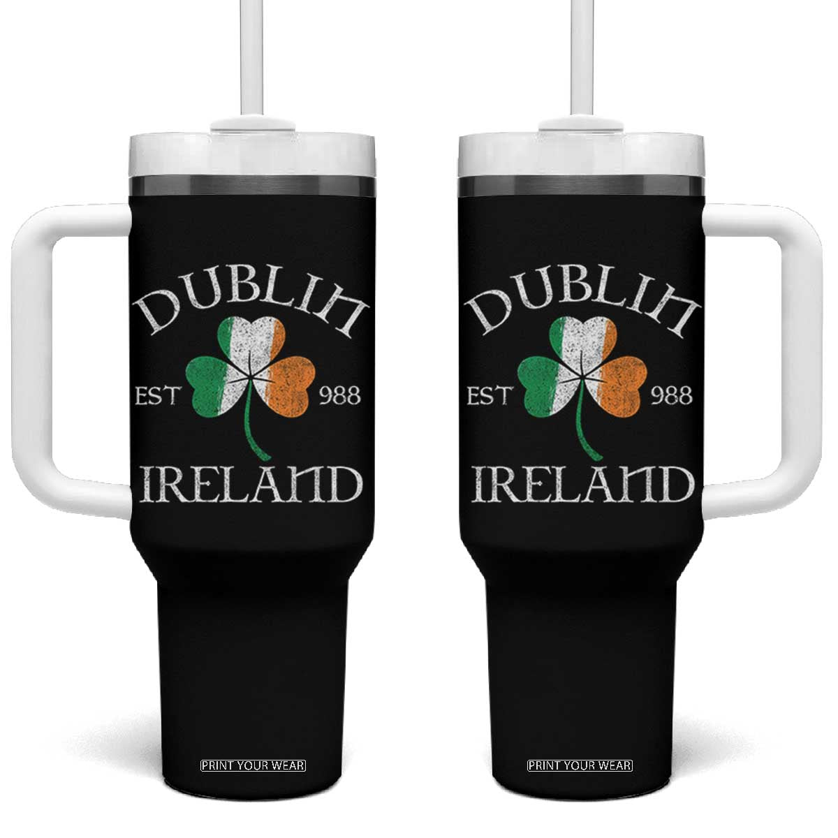 Dublin Ireland Est 988 Tumbler With Handle St Patricks Day Shamrock Leaf TS11 One Size: 40 oz Black Print Your Wear