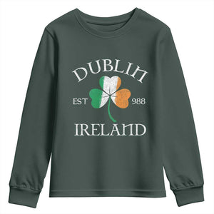 Dublin Ireland Est 988 Youth Sweatshirt St Patricks Day Shamrock Leaf TS11 Dark Forest Green Print Your Wear