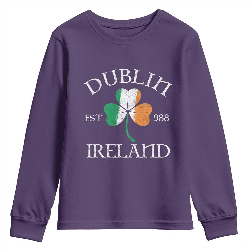 Dublin Ireland Est 988 Youth Sweatshirt St Patricks Day Shamrock Leaf TS11 Purple Print Your Wear