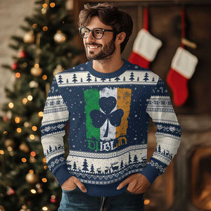 Dublin Ireland St Patricks Day Ugly Christmas Sweater Distressed Shamrock Vintage Irish Flag TS11 Navy Beige Print Your Wear
