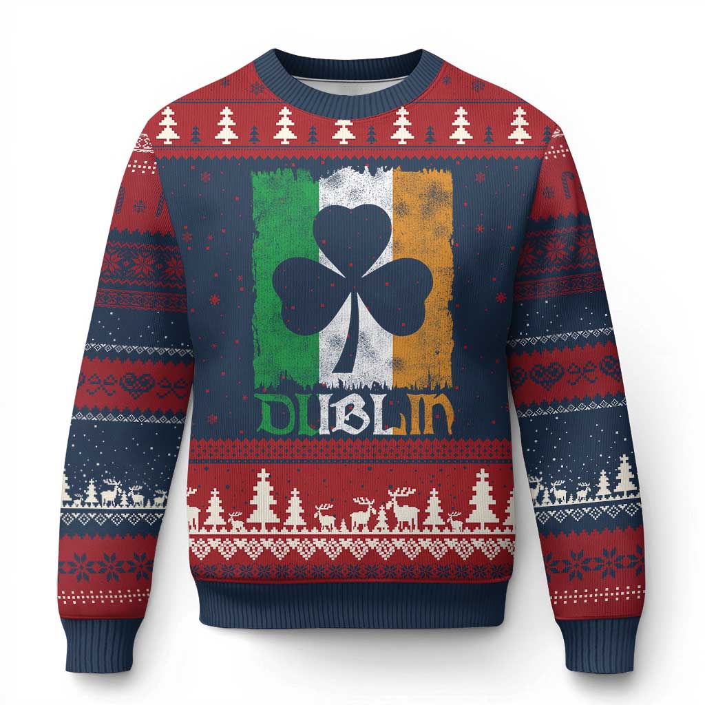 Dublin Ireland St Patricks Day Ugly Christmas Sweater Distressed Shamrock Vintage Irish Flag TS11 Navy Red Print Your Wear