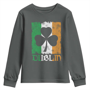 Dublin Ireland St Patricks Day Youth Sweatshirt Distressed Shamrock Vintage Irish Flag TS11 Dark Heather Print Your Wear