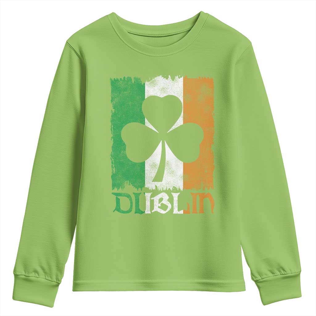Dublin Ireland St Patricks Day Youth Sweatshirt Distressed Shamrock Vintage Irish Flag TS11 Lime Print Your Wear