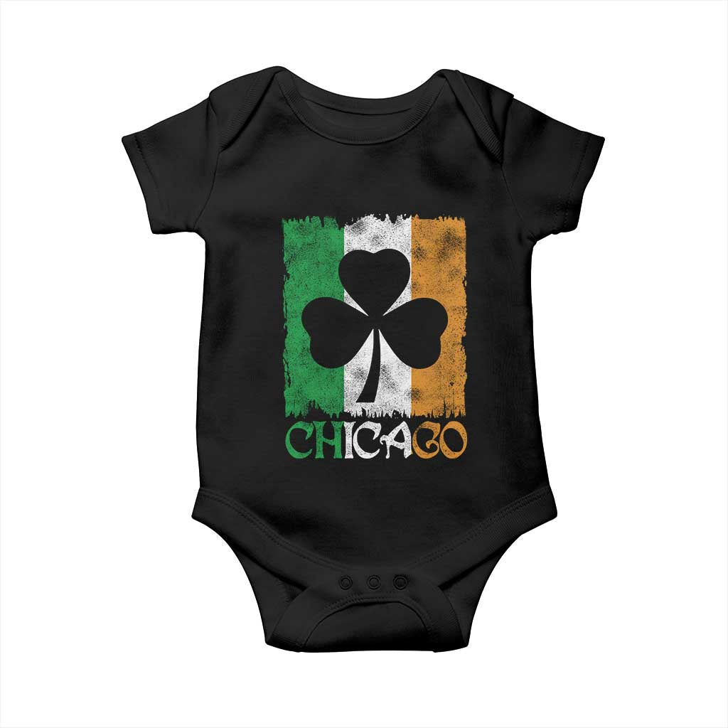 Chicago IL St Patricks Day Baby Onesie Distressed Shamrock Vintage Irish Flag TS11 Black Print Your Wear