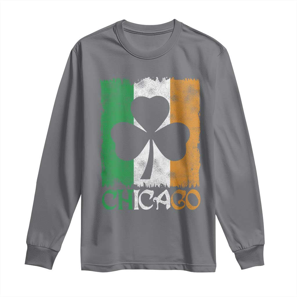 Chicago IL St Patricks Day Long Sleeve Shirt Distressed Shamrock Vintage Irish Flag TS11 Charcoal Print Your Wear