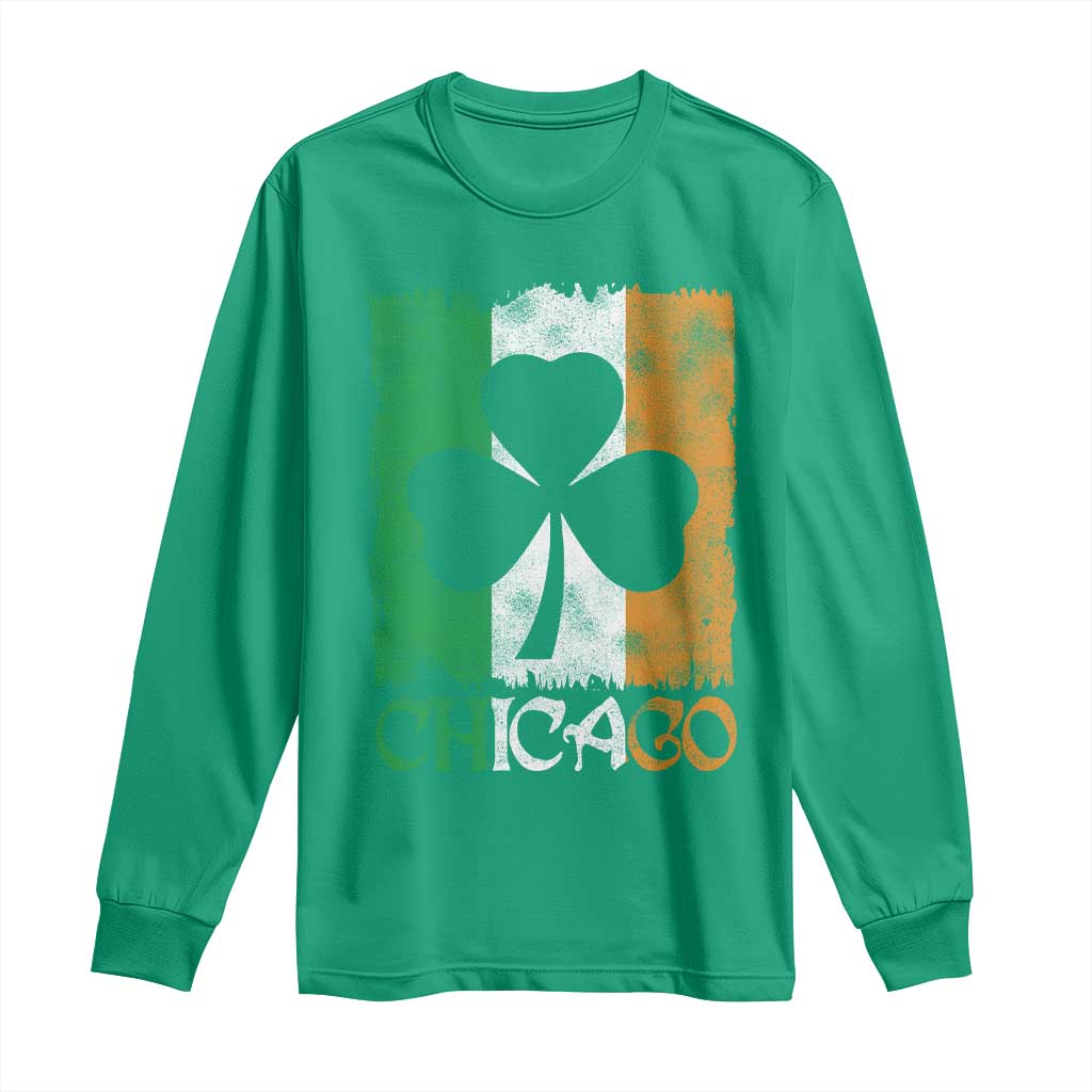 Chicago IL St Patricks Day Long Sleeve Shirt Distressed Shamrock Vintage Irish Flag TS11 Irish Green Print Your Wear