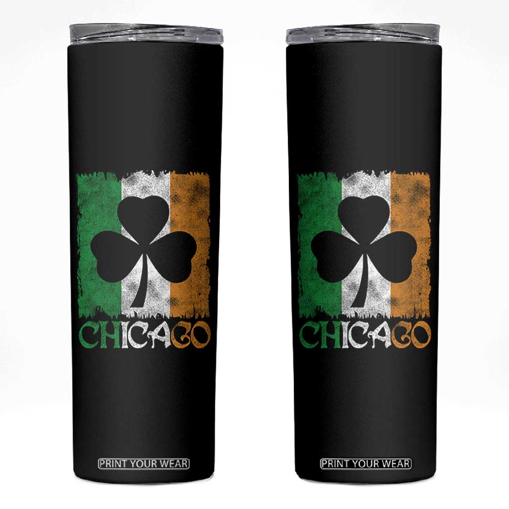 Chicago IL St Patricks Day Skinny Tumbler Distressed Shamrock Vintage Irish Flag TS11 Black Print Your Wear