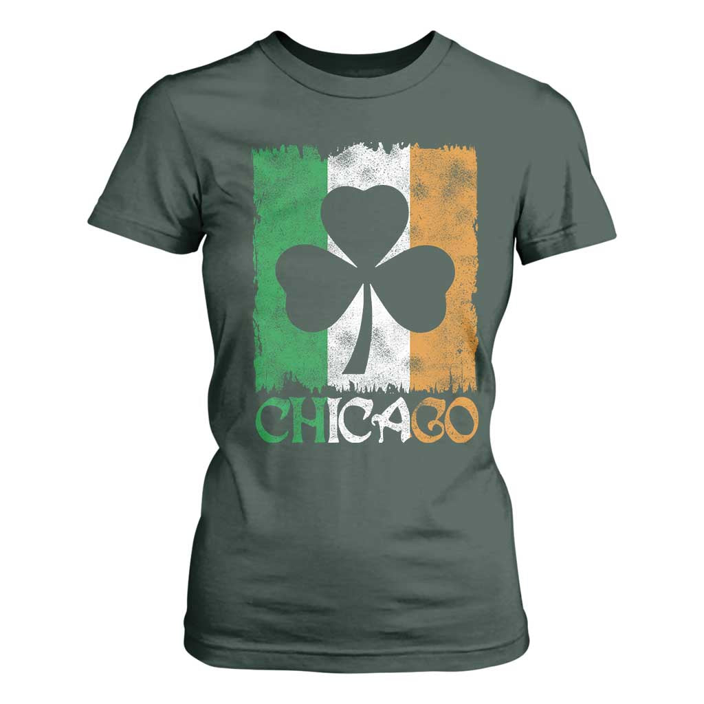 Chicago IL St Patricks Day T Shirt For Women Distressed Shamrock Vintage Irish Flag TS11 Dark Forest Green Print Your Wear