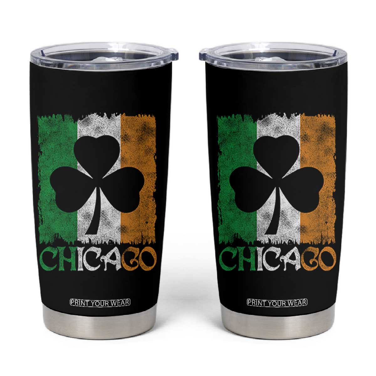 Chicago IL St Patricks Day Tumbler Cup Distressed Shamrock Vintage Irish Flag TS11 Black Print Your Wear