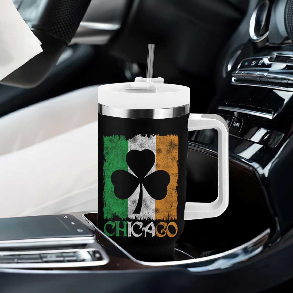 Chicago IL St Patricks Day Tumbler With Handle Distressed Shamrock Vintage Irish Flag TS11 Print Your Wear