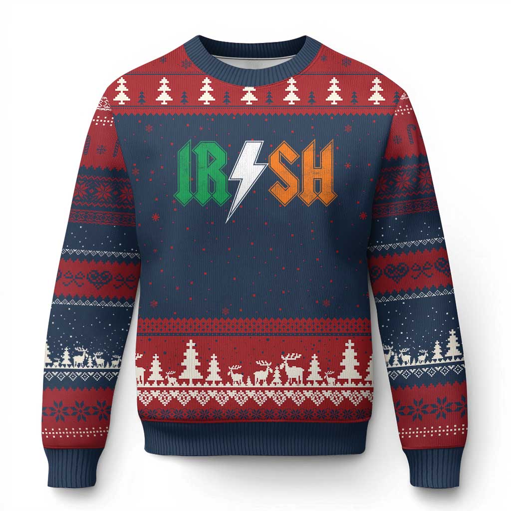 Funny Irish Rocker St Patricks Day Lightning Bolt Rock Music Lover Ugly Christmas Sweater TS11 Navy Red Print Your Wear