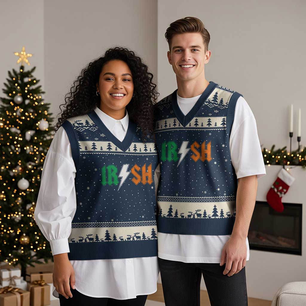 Funny Irish Rocker St Patricks Day Lightning Bolt Rock Music Lover V-Neck Knit Sweater Vest TS11 Navy Beige Print Your Wear