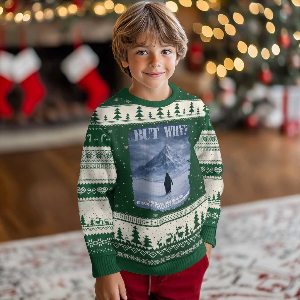 We Saw Him Heading Straight Towards The Mountain But Why Nihilist Penguin Ugly Christmas Sweater TS11 Forest Green Beige Print Your Wear