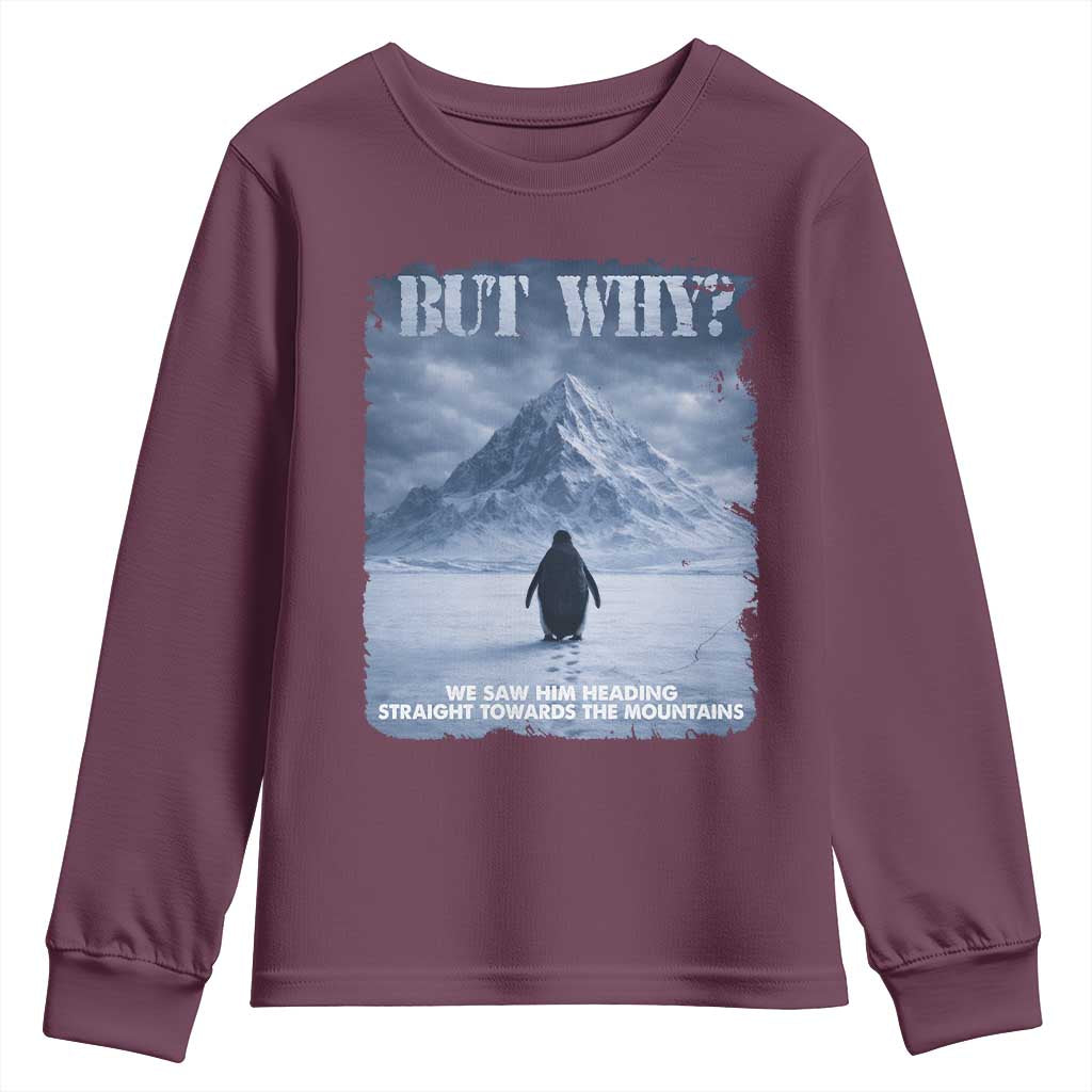 We Saw Him Heading Straight Towards The Mountain But Why Nihilist Penguin Youth Sweatshirt TS11 Maroon Print Your Wear