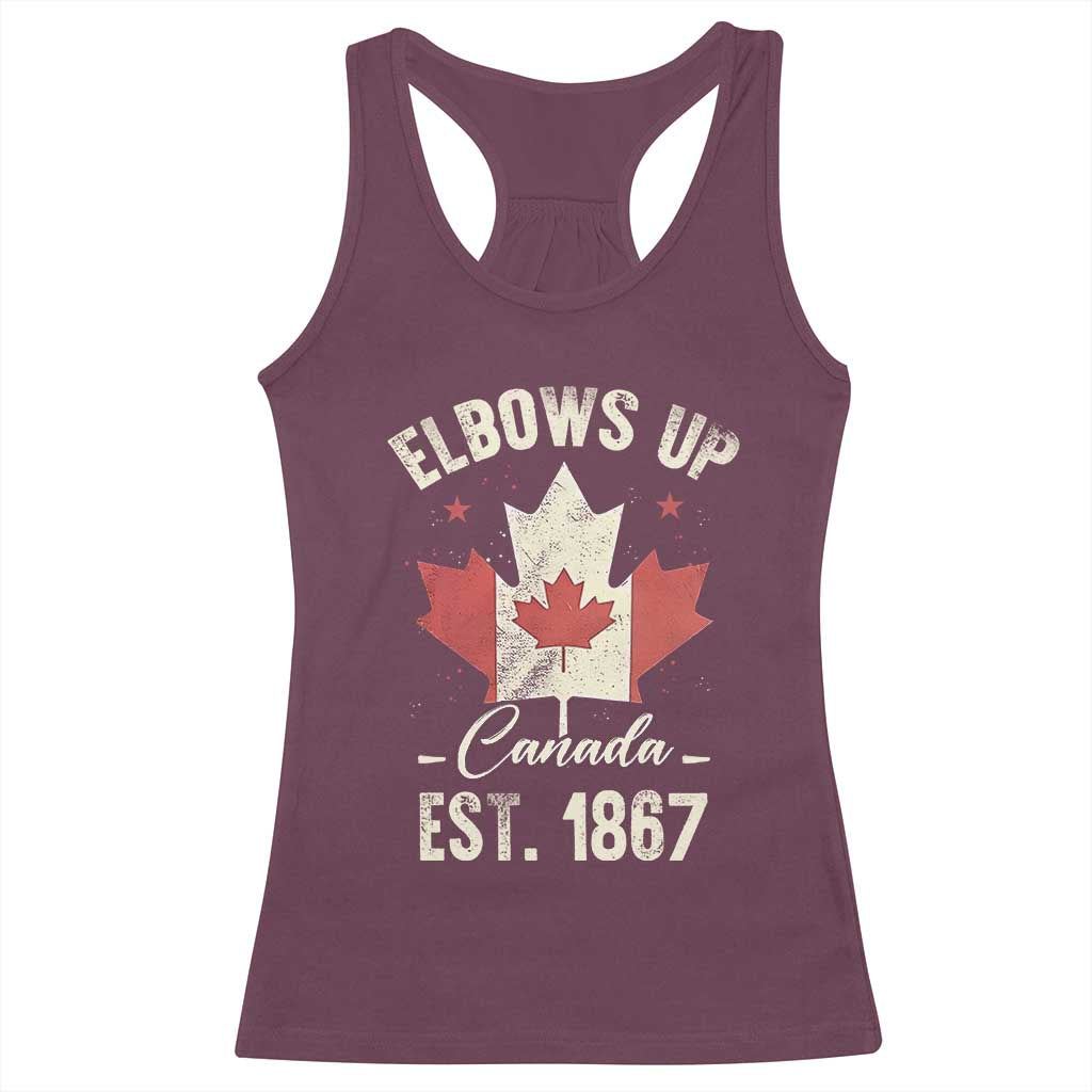 Elbows Up Canada EST 1867 Racerback Tank Top True North Strong and Free Proud Canadian Maple Leaf TS11 Maroon Print Your Wear