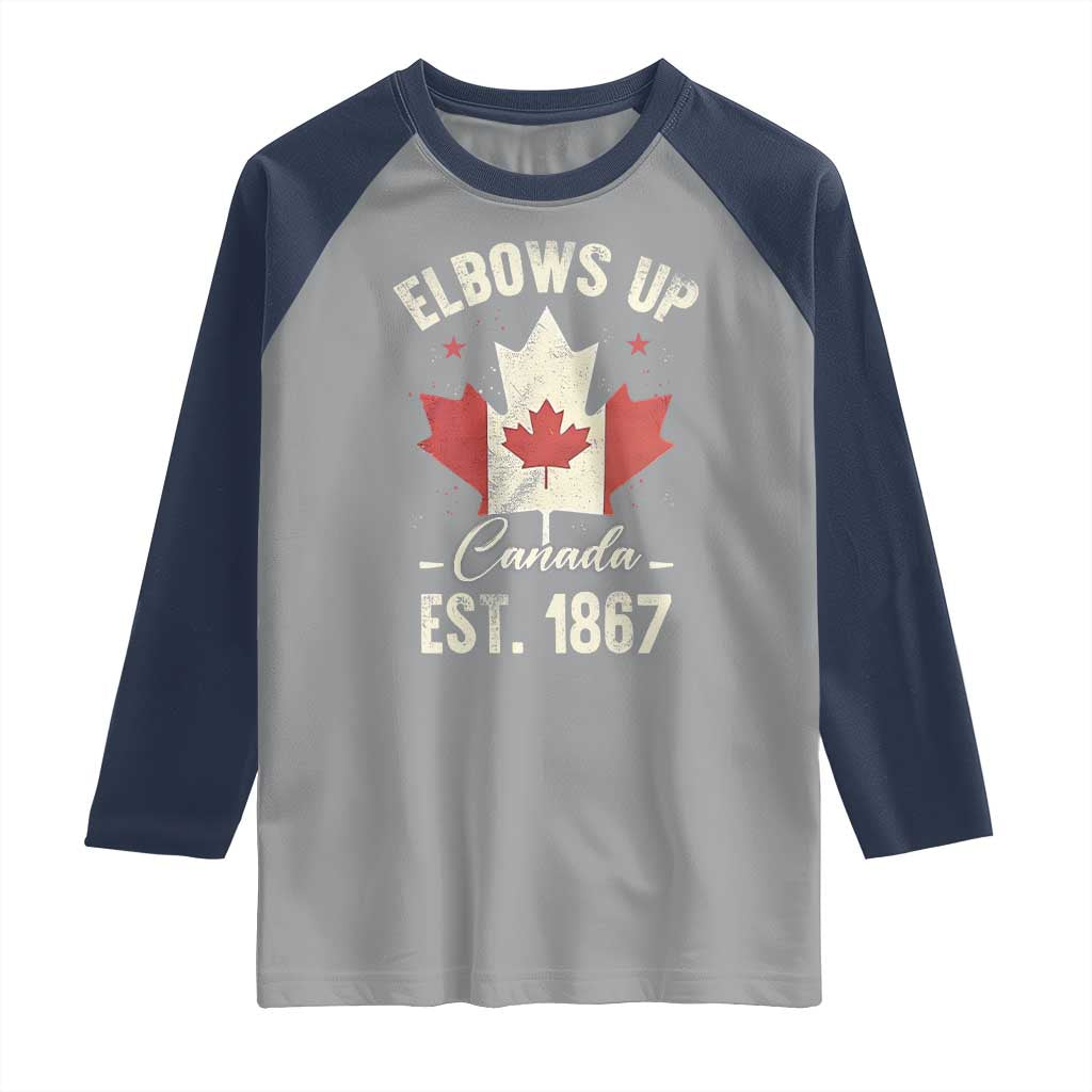 Elbows Up Canada EST 1867 Raglan Shirt True North Strong and Free Proud Canadian Maple Leaf TS11 Sport Gray Navy Print Your Wear