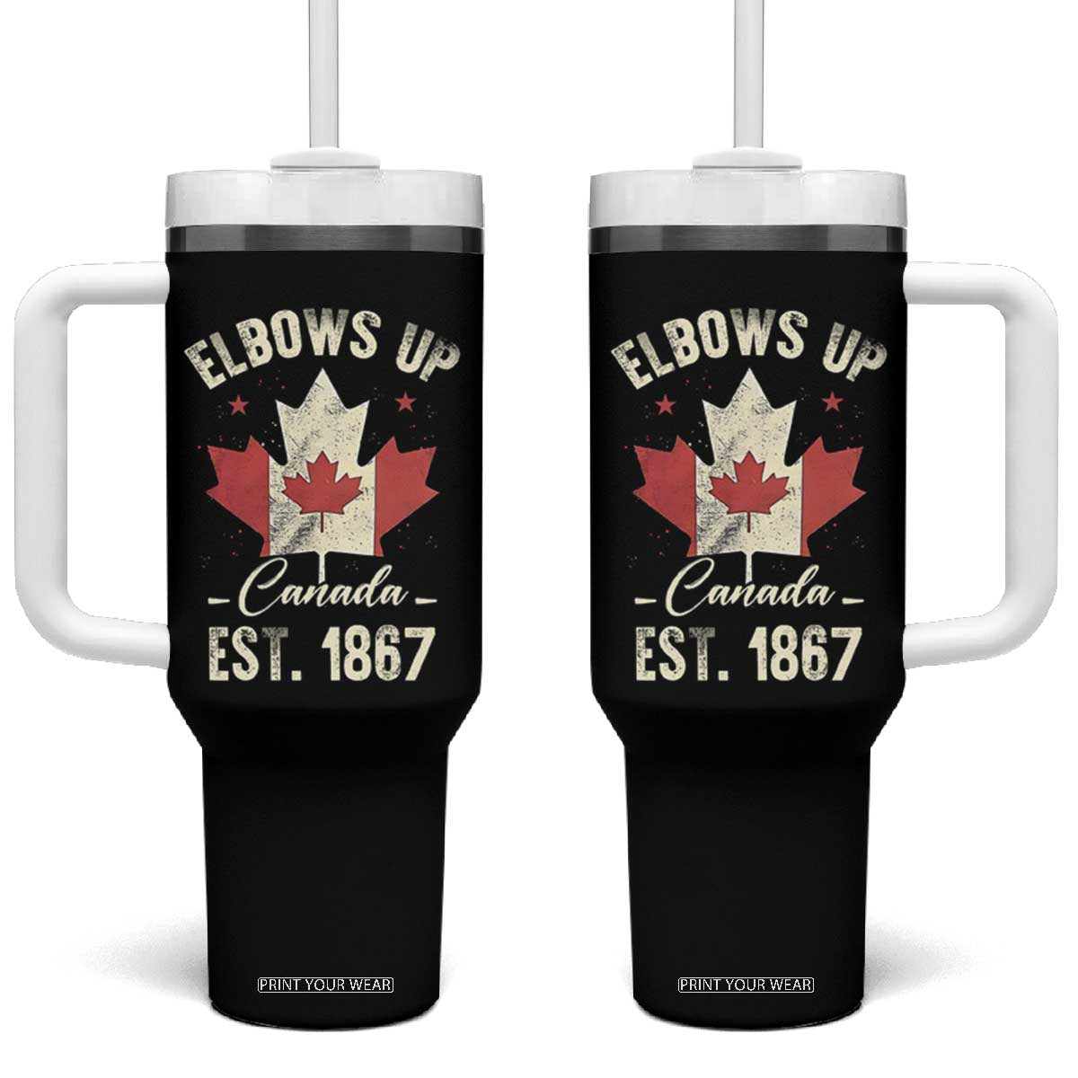 Elbows Up Canada EST 1867 Tumbler With Handle True North Strong and Free Proud Canadian Maple Leaf TS11 One Size: 40 oz Black Print Your Wear