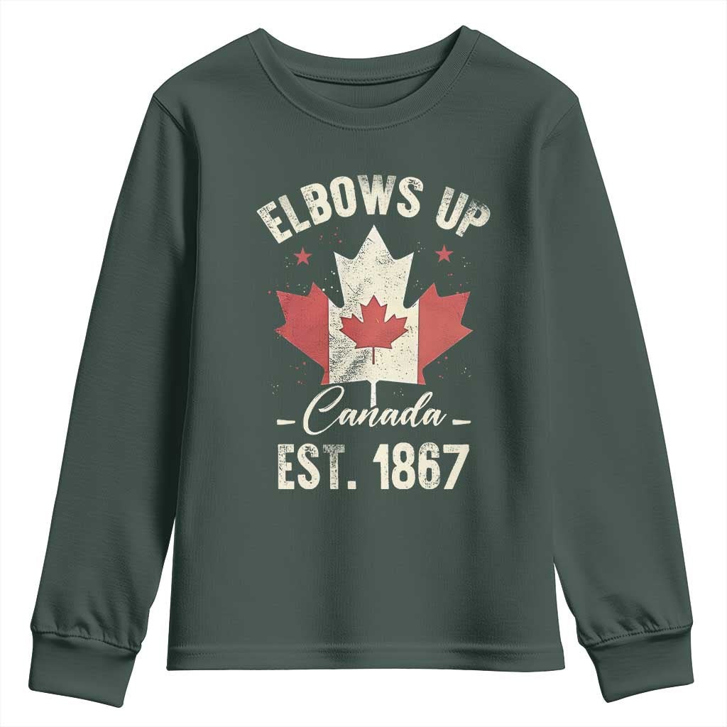 Elbows Up Canada EST 1867 Youth Sweatshirt True North Strong and Free Proud Canadian Maple Leaf TS11 Dark Forest Green Print Your Wear