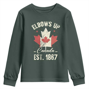 Elbows Up Canada EST 1867 Youth Sweatshirt True North Strong and Free Proud Canadian Maple Leaf TS11 Dark Forest Green Print Your Wear