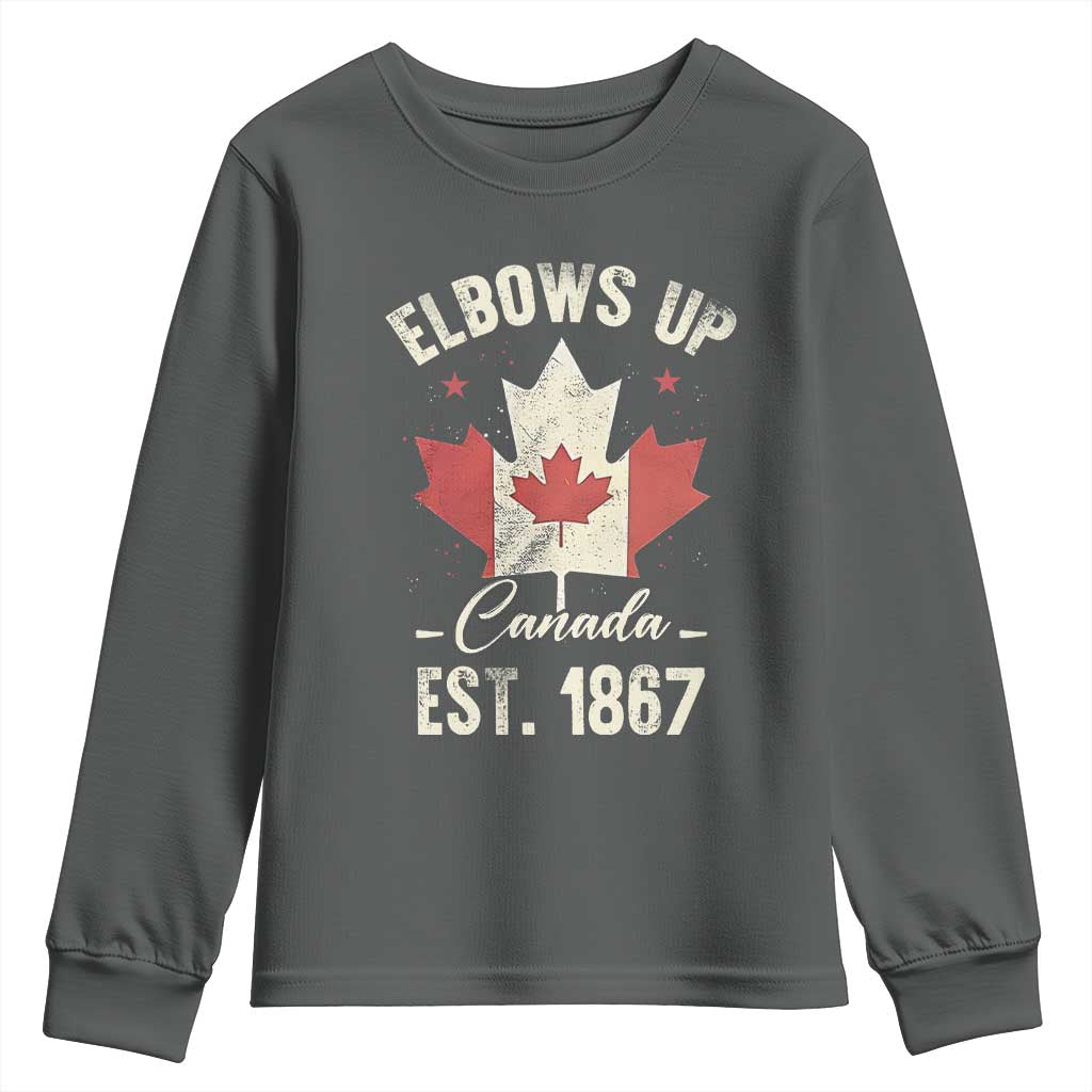 Elbows Up Canada EST 1867 Youth Sweatshirt True North Strong and Free Proud Canadian Maple Leaf TS11 Dark Heather Print Your Wear