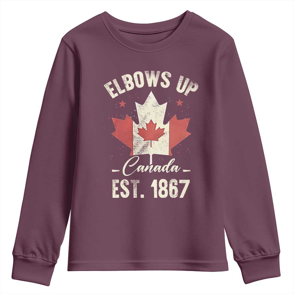 Elbows Up Canada EST 1867 Youth Sweatshirt True North Strong and Free Proud Canadian Maple Leaf TS11 Maroon Print Your Wear