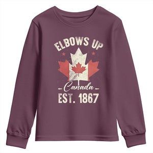 Elbows Up Canada EST 1867 Youth Sweatshirt True North Strong and Free Proud Canadian Maple Leaf TS11 Maroon Print Your Wear