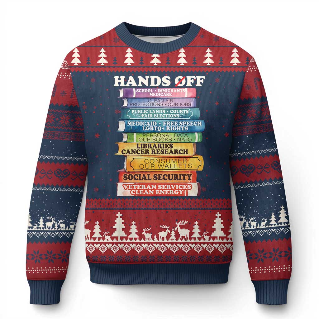 Hands Off Ugly Christmas Sweater Social Security And Medicare Protest Colorful Books TS11 Navy Red Print Your Wear