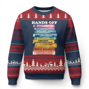 Hands Off Ugly Christmas Sweater Social Security And Medicare Protest Colorful Books TS11 Navy Red Print Your Wear